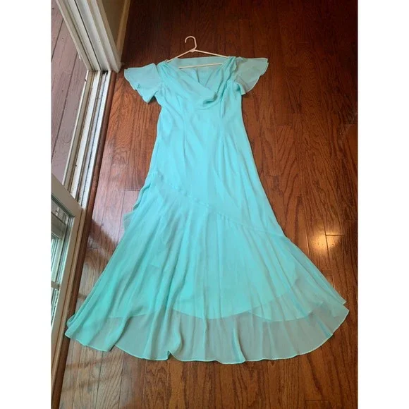 Dresses | Liz Baker Midi Aqua Green Cowl Neck Flutter Sleeves Chiffon Dress  Size 14 | Poshmark